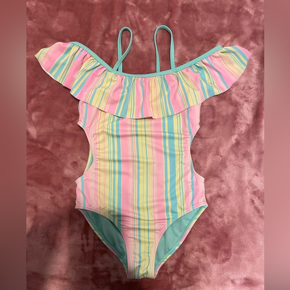 Wonder Nation Kids Swim One Piece - Pink, Yellow, Blue Stripes
